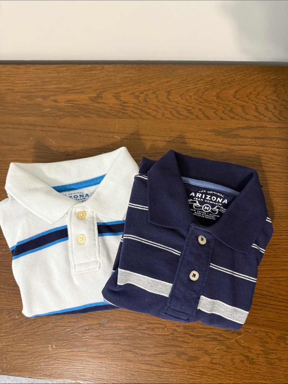 NWT Arizona Jean Company White Polo with Navy & Bright Blue Stripes Size Medium